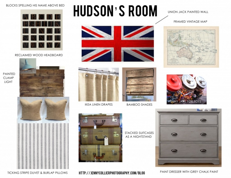Toddler Boy bedroom inspiration with union jack wall, framed vintage map, palette headboard, ticking stripe duvet, burlap pillows, and vintage suitcases