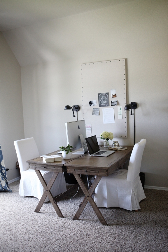 Office with Campaign Desks, Ikea Upholstered Chairs, and Nailhead Pin Board