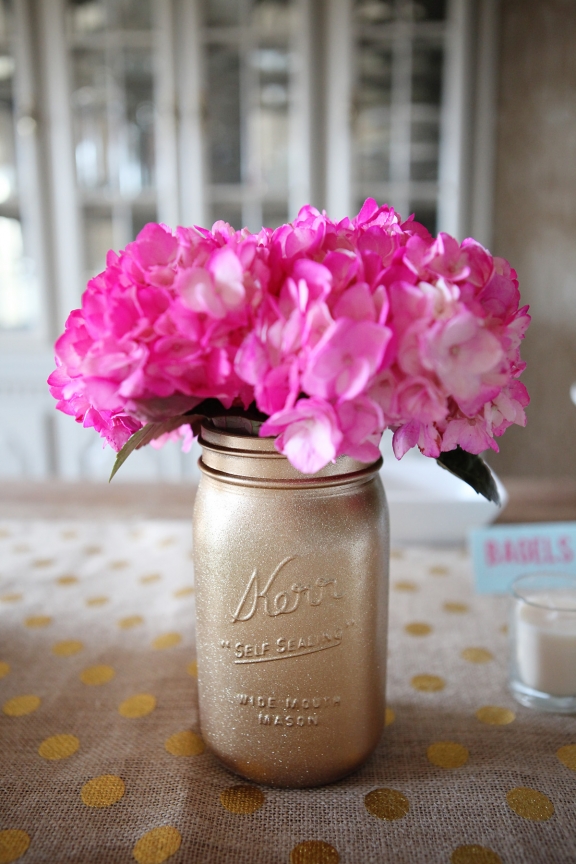 Pink Hydrangeas in Gold Mason Jar Centerpiece