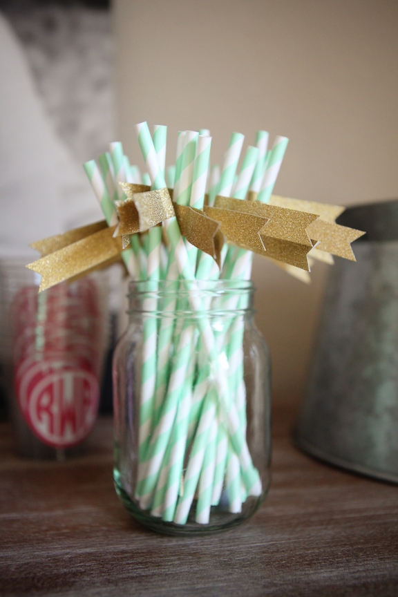 Mint Paper Straws with Gold Glitter Flags
