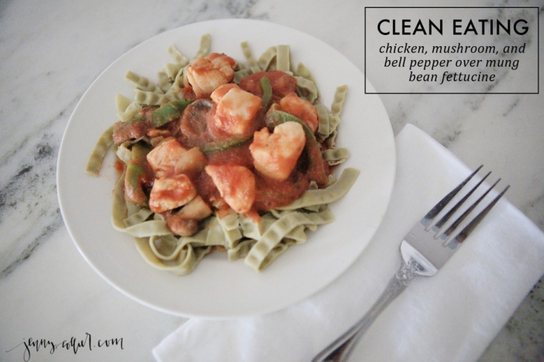 Clean Eating Chicken, Mushroom, and Bell Pepper over Mung Bean Fettucine