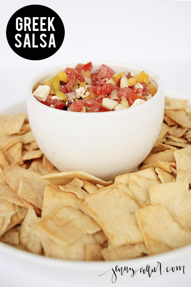 If you love Greek food like I do you will love this recipe for Greek Salsa. An easy appetizer that is a unique and delicious dip to serve with pita chips.