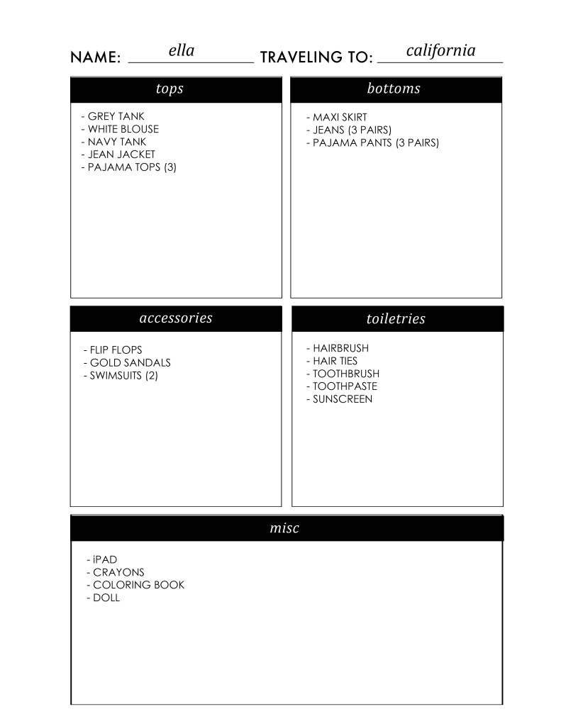 Free printable pack list