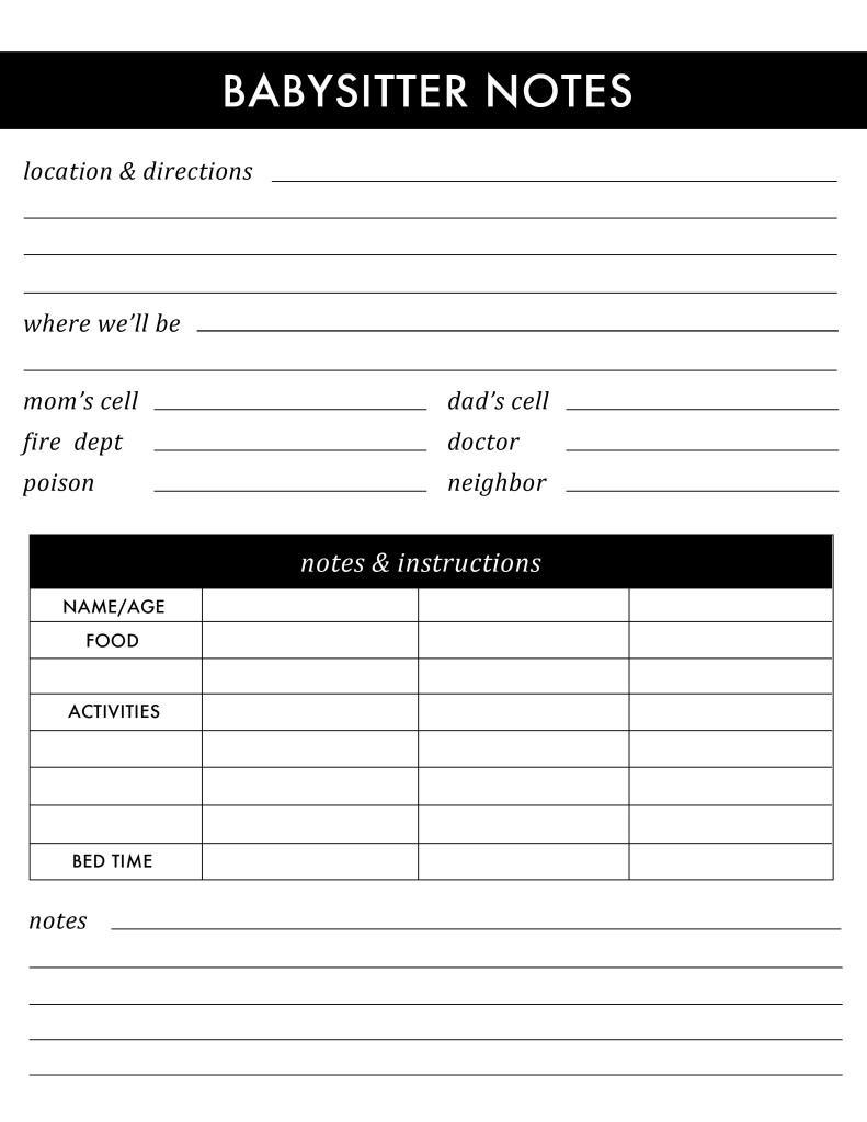 Free babysitter notes printable