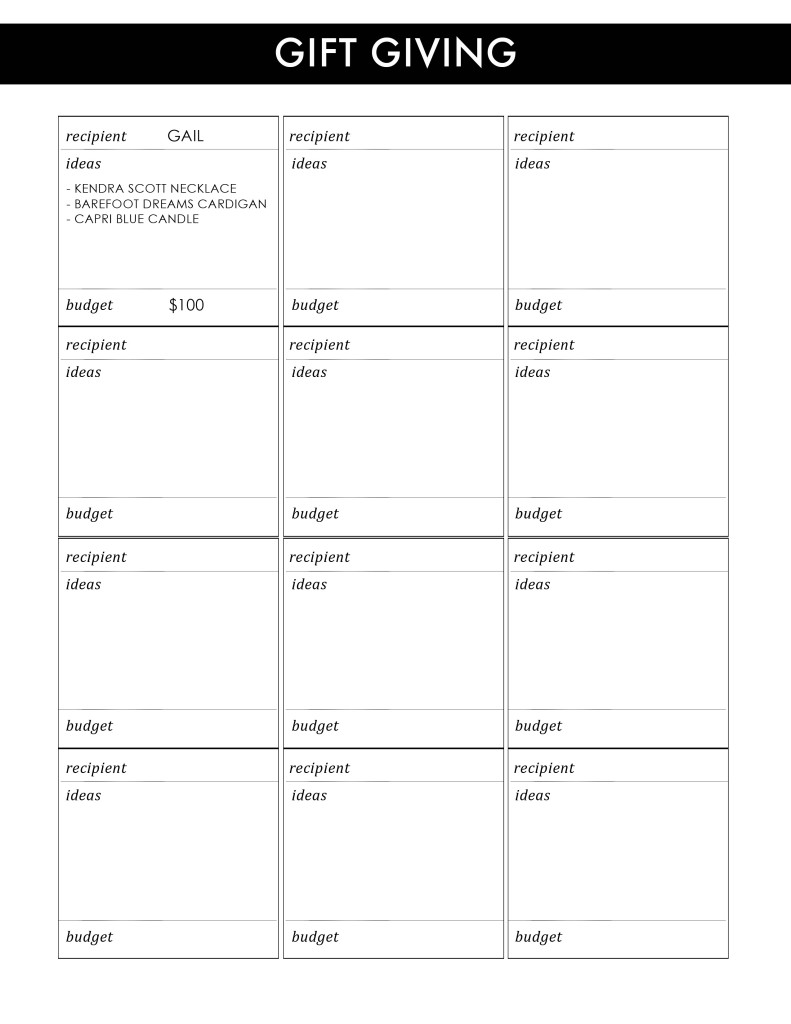 Free printable gift giving sheet for your planner or homekeeping binder