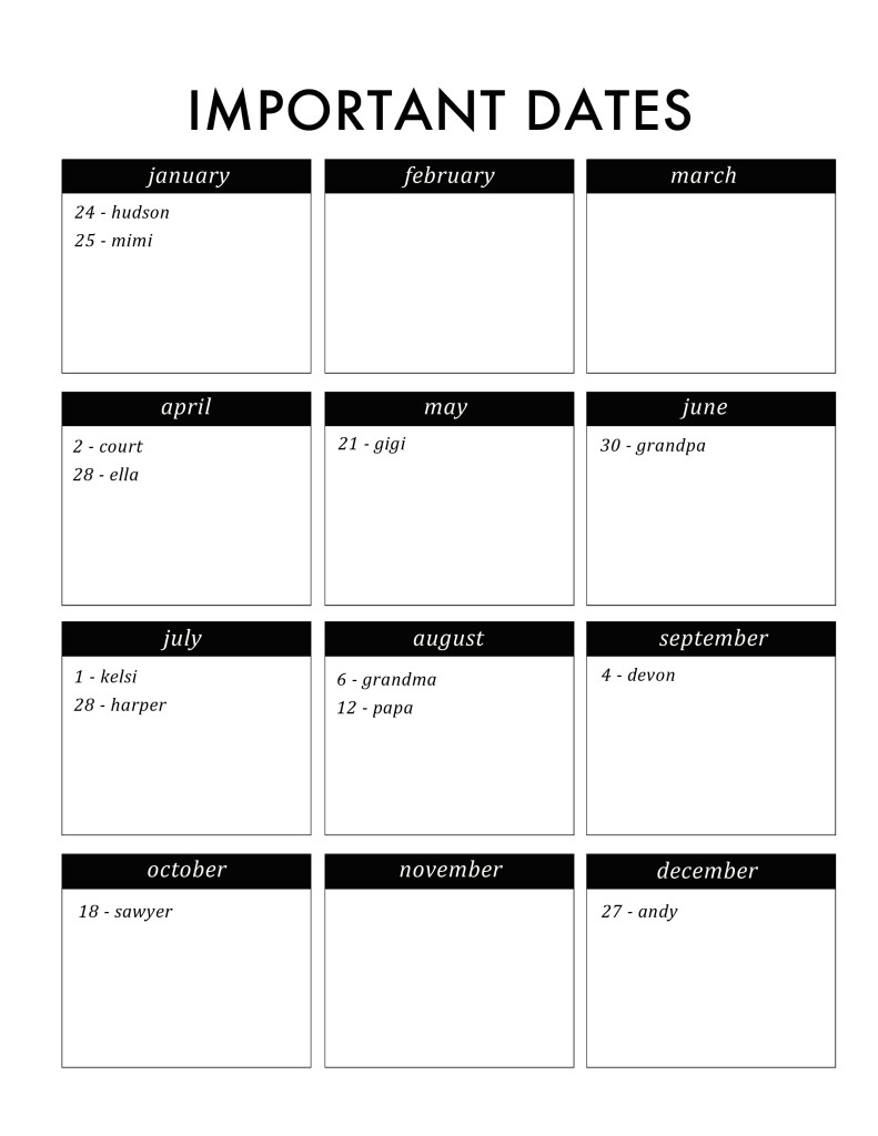Free printable imporant dates perpetual calendar