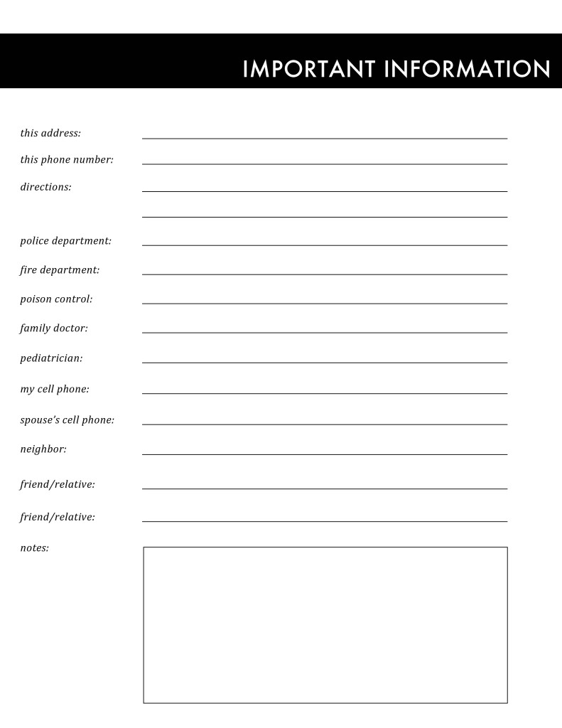 Free printable important information sheet
