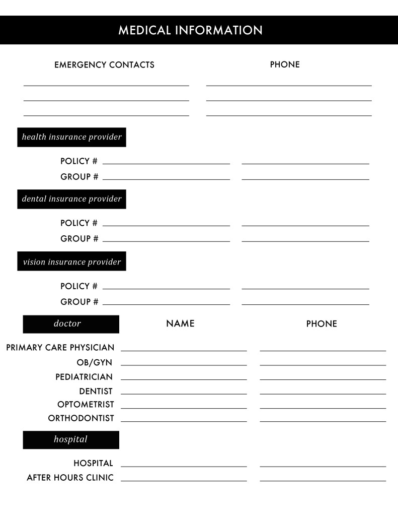Free printable medical information sheet