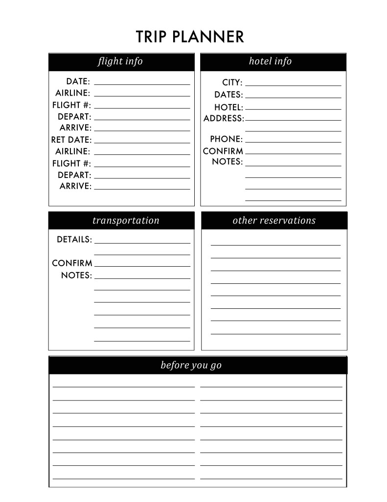 Free printable trip planner