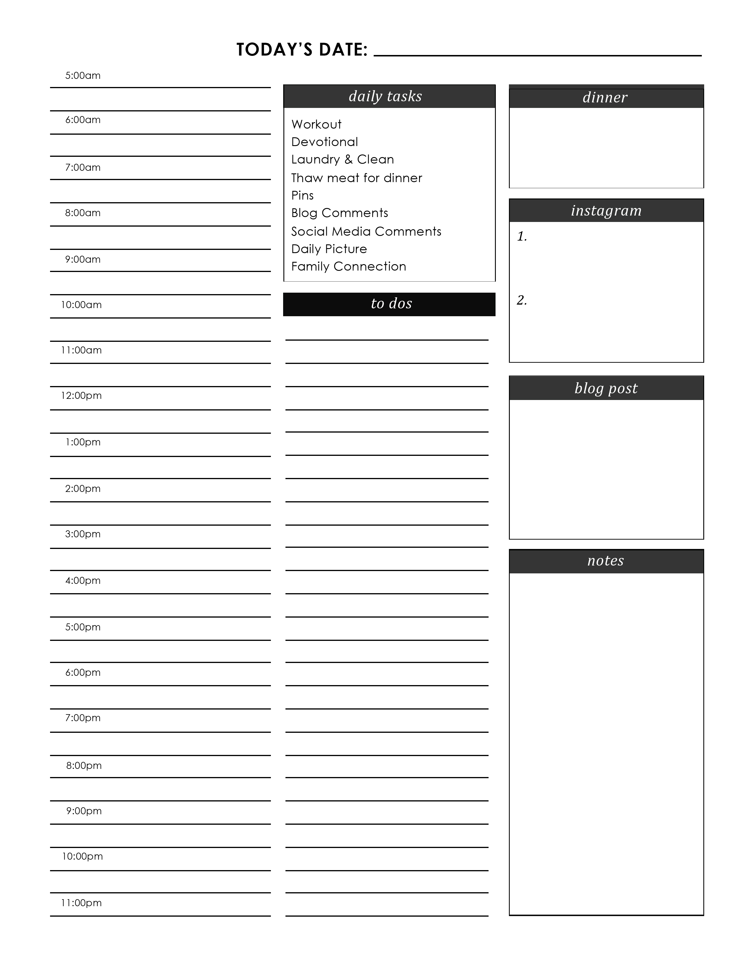 Free printable daily planner for bloggers