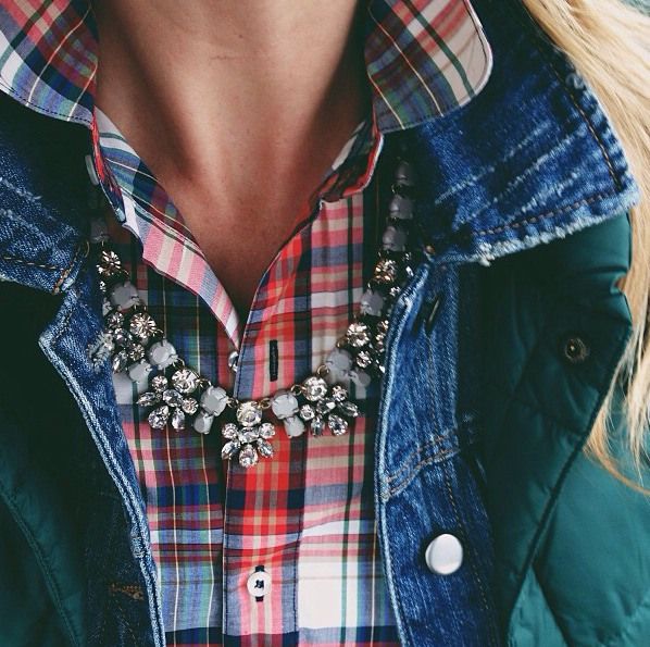 Plaid Shirt with Denim Jacket, Puffer Vest, and Jewels