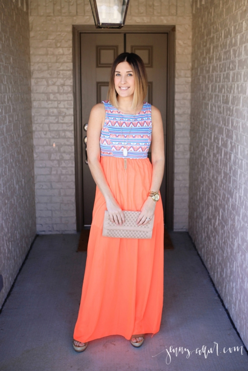 Spring fashion look with a maxi dress, wedge sandals, neutral clutch, Kendra Scott necklace, and long bob.