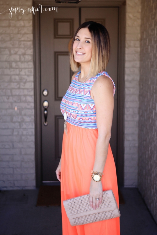 Spring fashion look with a maxi dress, wedge sandals, neutral clutch, Kendra Scott necklace, and long bob.