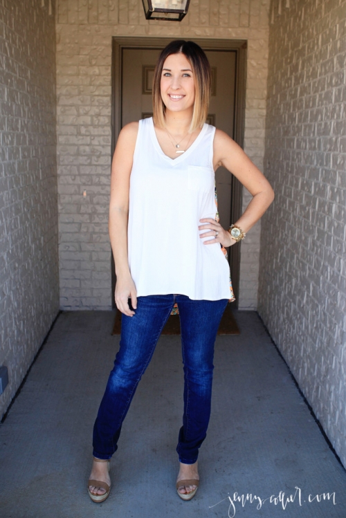 Spring Fashion look with jeans, a patterned back top, wedges, and a long bob.