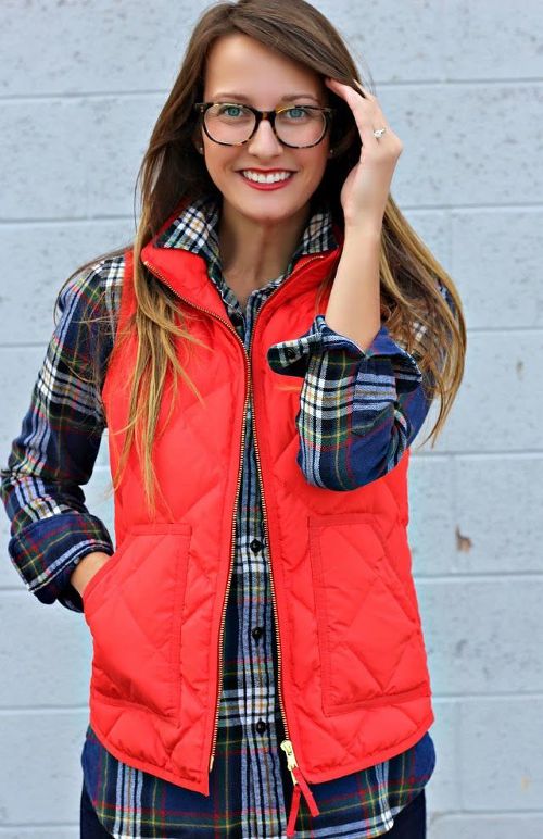 Puffer vest with plaid shirt