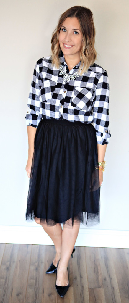 Black tulle skirt and black and white plaid top.