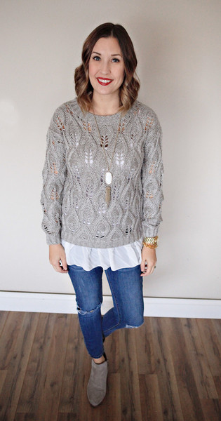 The Chloe Sweater is a grey long sleeve sweater with a chiffon bottom trim from Gray Monroe