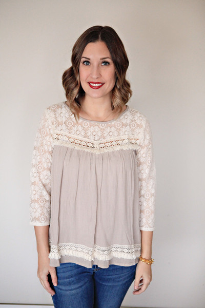 The Eleece Top is a lace detail babydoll style top from Gray Monroe