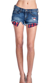 The Mary-Ann Shorts are distressed shorts with red plaid long pockets. 